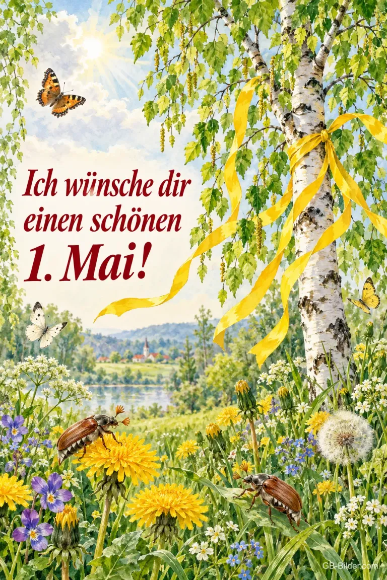 Birke mit gelben Bändern über einer Frühlingswiese mit Maikäfern, Text: Ich wünsche dir einen schönen 1. Mai!