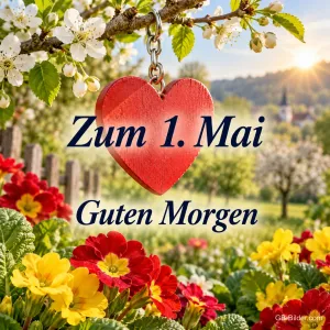 Rotes Holzherz hängt in einem blühenden Garten, Text: Zum 1. Mai – Guten Morgen