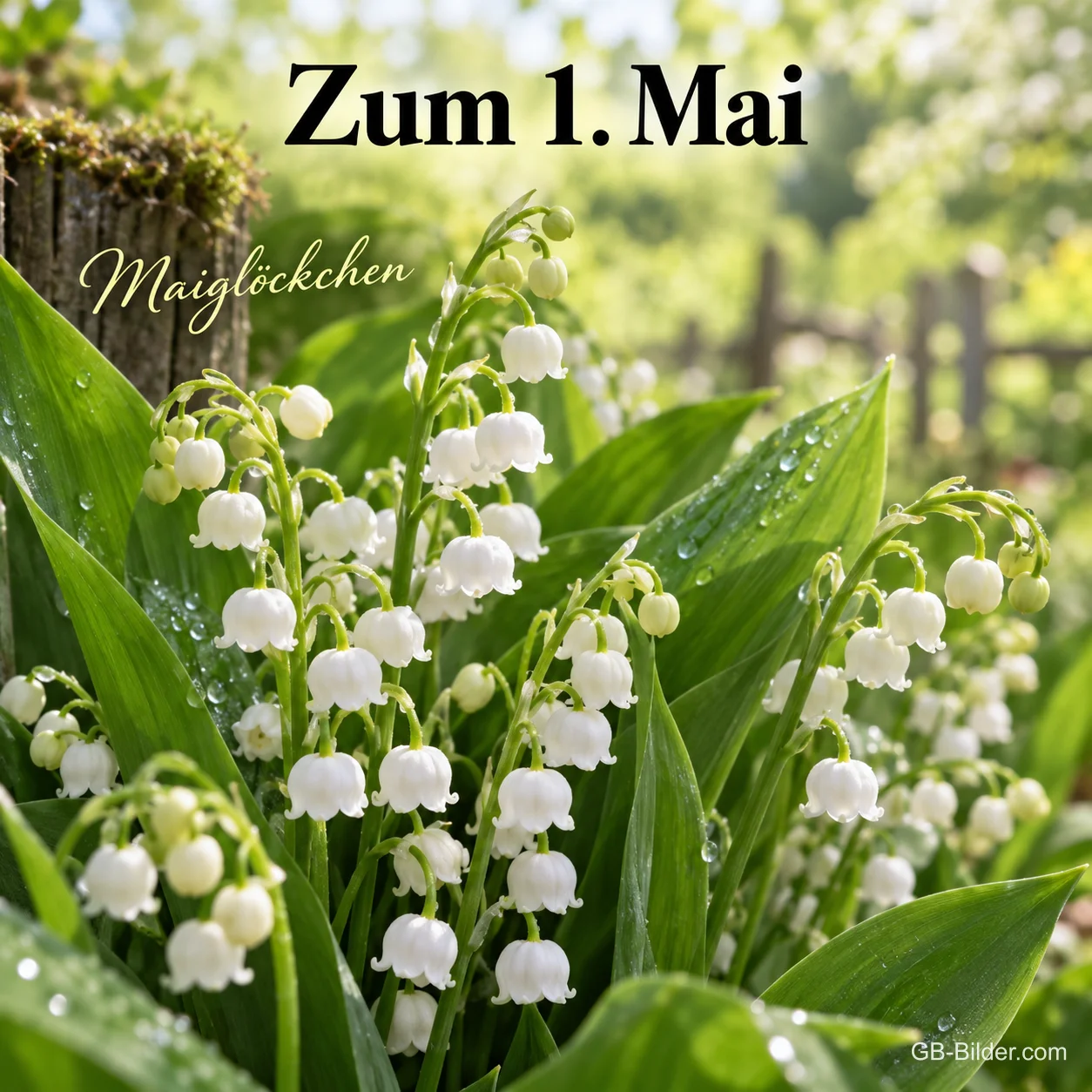 Maiglöckchen im Garten, Text: Zum 1. Mai – Maiglöckchen