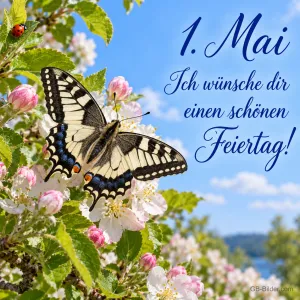 Schwalbenschwanz auf Apfelblüten, Text: 1. Mai – Ich wünsche dir einen schönen Feiertag!