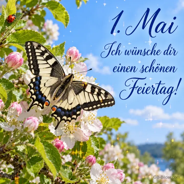 Schwalbenschwanz auf Apfelblüten, Text: 1. Mai – Ich wünsche dir einen schönen Feiertag!