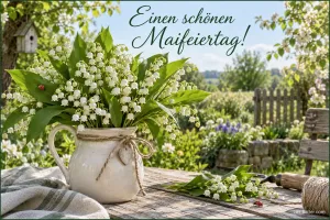 Maiglöckchen in einem Krug auf einem Gartentisch, Text: Einen schönen Maifeiertag!