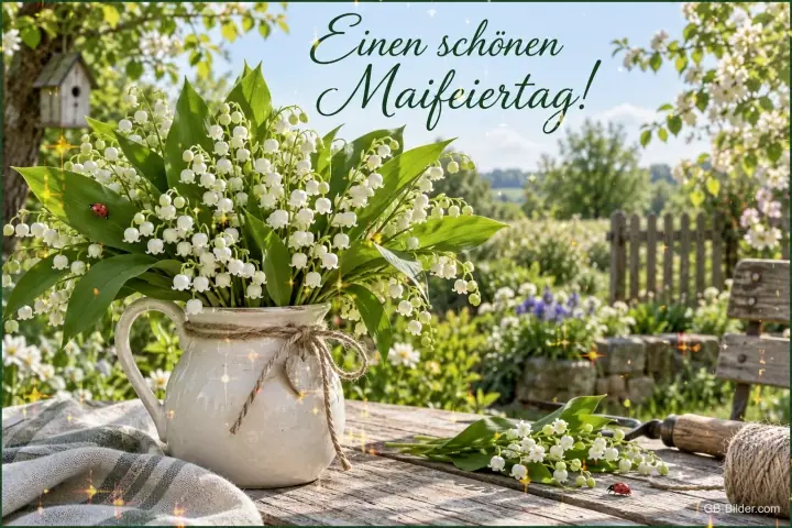 Maiglöckchen in einem Krug auf einem Gartentisch, Text: Einen schönen Maifeiertag!