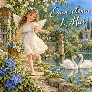 Engelmädchen mit Blumenkorb läuft am Teich mit Schwänen entlang, Text: Einen schönen 1. Mai