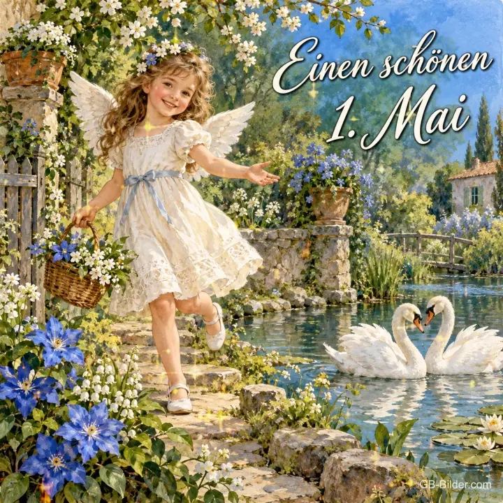 Engelmädchen mit Blumenkorb läuft am Teich mit Schwänen entlang, Text: Einen schönen 1. Mai