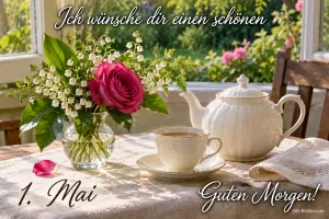 Rose und Maiglöckchen in einer Vase neben einer Teekanne, Text: Ich wünsche dir einen schönen – 1. Mai – Guten Morgen!