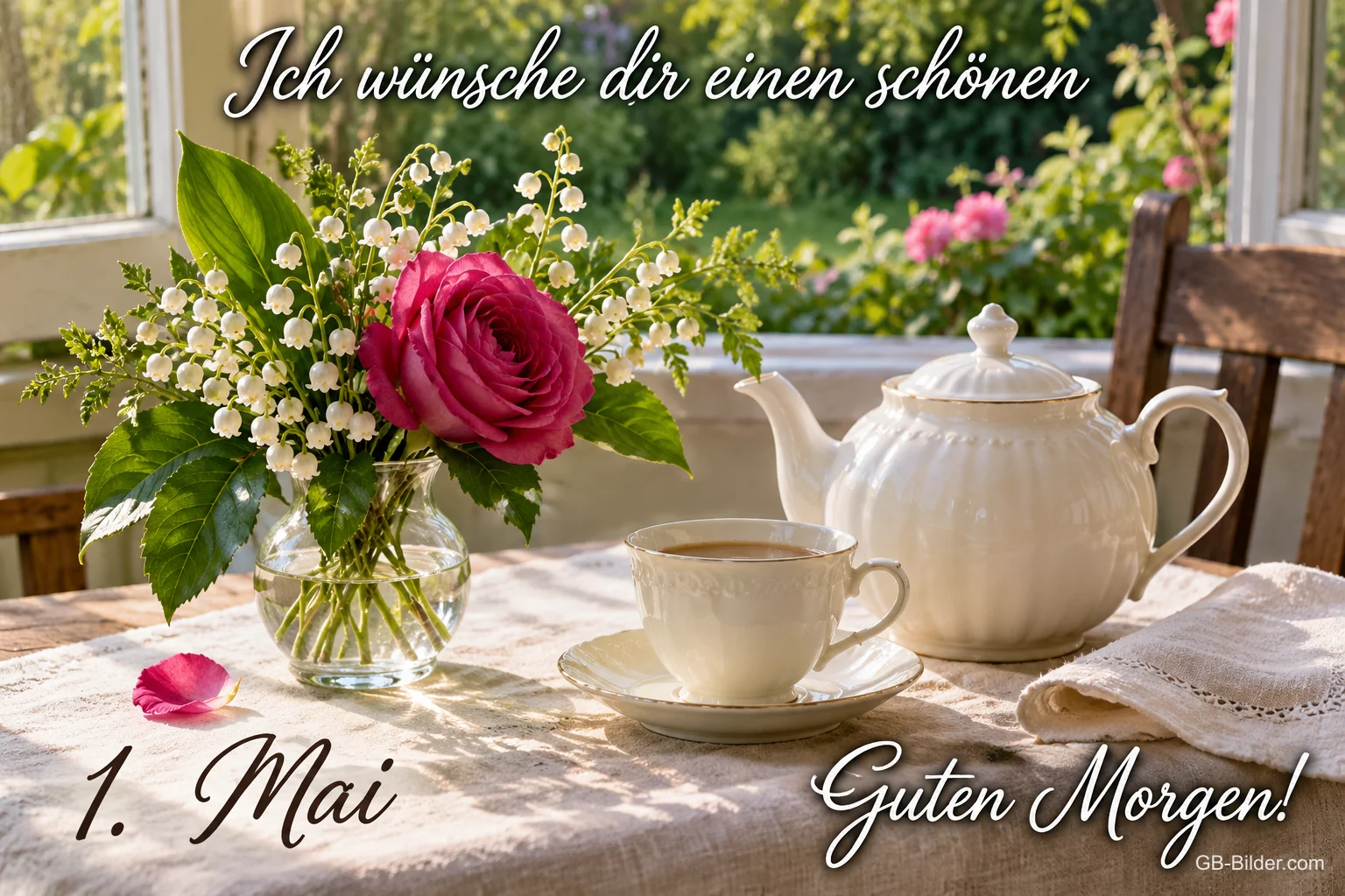 Rose und Maiglöckchen in einer Vase neben einer Teekanne, Text: Ich wünsche dir einen schönen – 1. Mai – Guten Morgen!