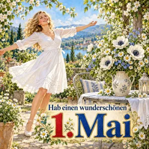 Frau im weißen Kleid dreht sich auf einer Blumenterrasse über dem See, Text: Hab einen wunderschönen – 1. Mai