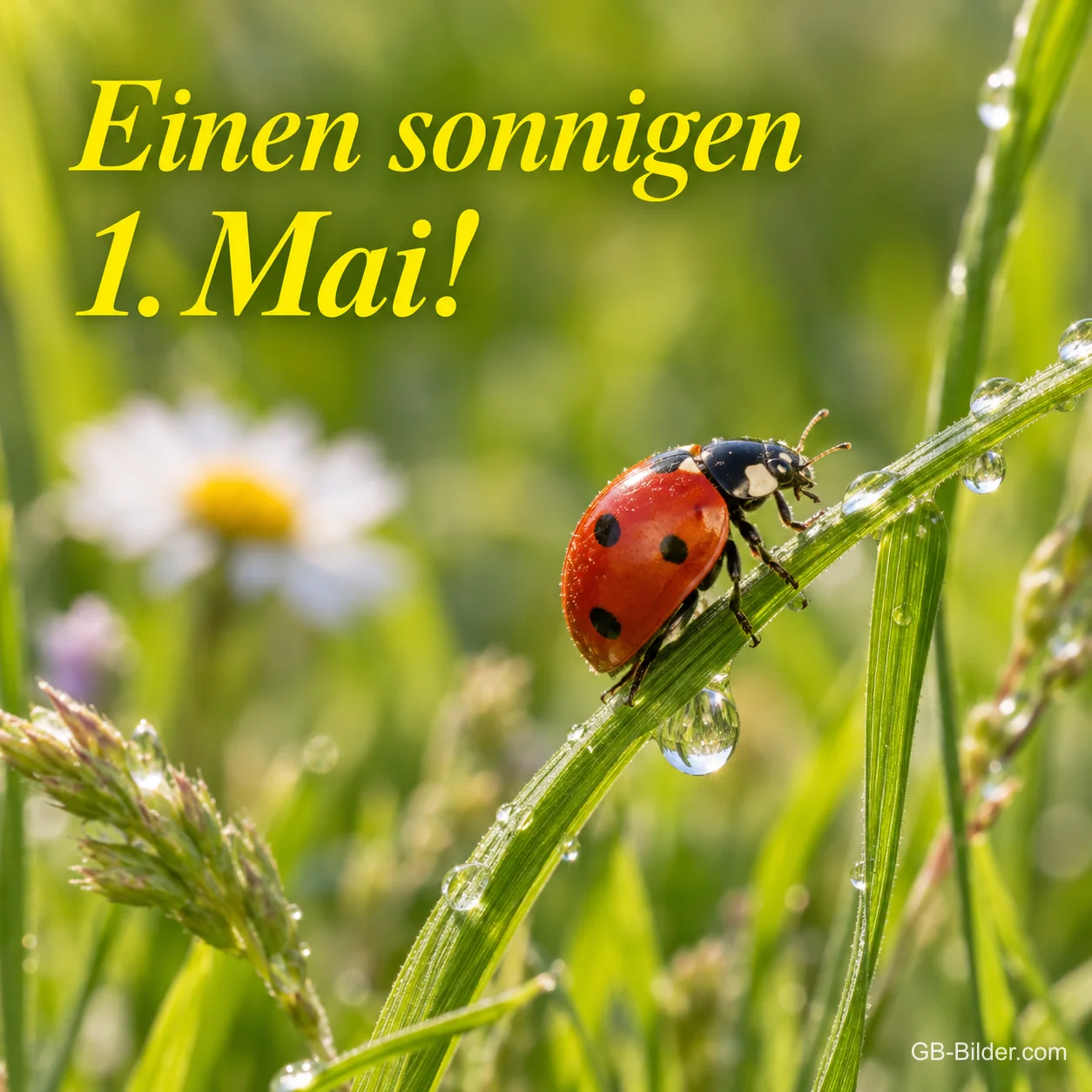 Marienkäfer auf einem Grashalm mit Tautropfen, Text: Einen sonnigen 1. Mai!
