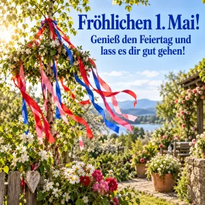 Geschmückter Maibaum mit Bändern in einem Blumengarten, Text: Fröhlichen 1. Mai! – Genieß den Feiertag und lass es dir gut gehen!