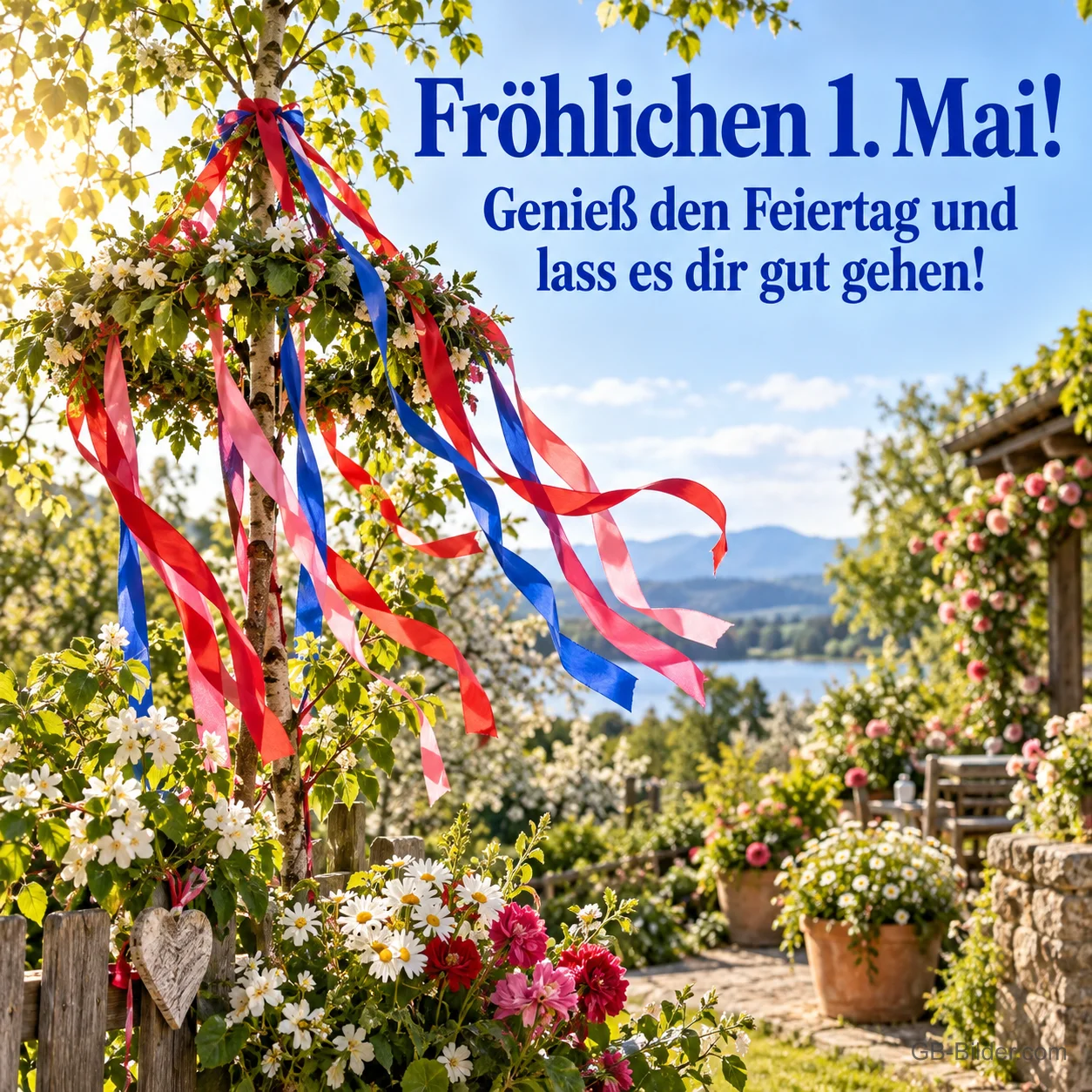 Geschmückter Maibaum mit Bändern in einem Blumengarten, Text: Fröhlichen 1. Mai! – Genieß den Feiertag und lass es dir gut gehen!