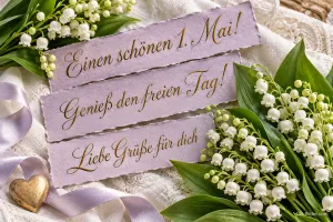 Papierbänder mit Schrift zwischen Maiglöckchen, Text: Einen schönen 1. Mai! – Genieß den freien Tag! Liebe Grüße für dich