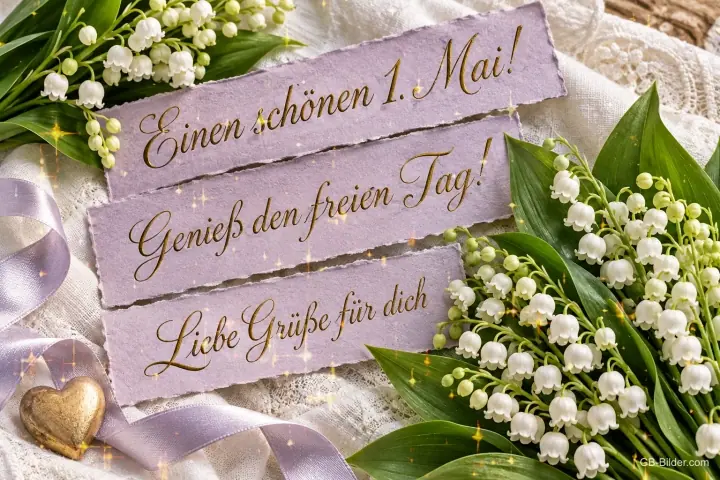 Papierbänder mit Schrift zwischen Maiglöckchen, Text: Einen schönen 1. Mai! – Genieß den freien Tag! Liebe Grüße für dich