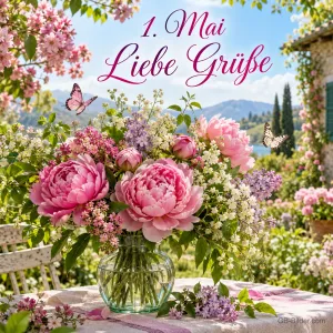 Pfingstrosenstrauß in einer Vase auf einer Gartenterrasse, Text: 1. Mai – Liebe Grüße