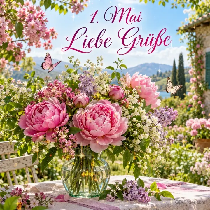 Pfingstrosenstrauß in einer Vase auf einer Gartenterrasse, Text: 1. Mai – Liebe Grüße