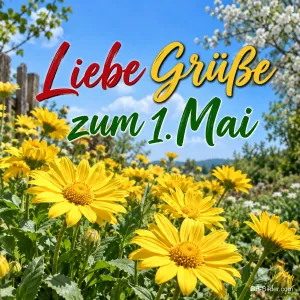 Gelbe Sonnenaugen im Garten unter blauem Himmel, Text: Liebe Grüße – zum 1. Mai