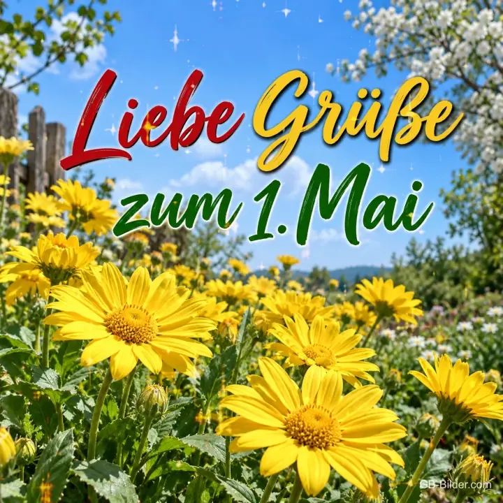 Gelbe Sonnenaugen im Garten unter blauem Himmel, Text: Liebe Grüße – zum 1. Mai