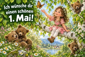Mädchen mit Blumenkranz sitzt auf einem Birkenast, Bärenjunge spielen, Text: Ich wünsche dir einen schönen – 1. Mai!
