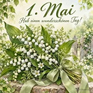 Strauß Maiglöckchen mit grüner Schleife, Text: 1. Mai – Hab einen wunderschönen Tag!
