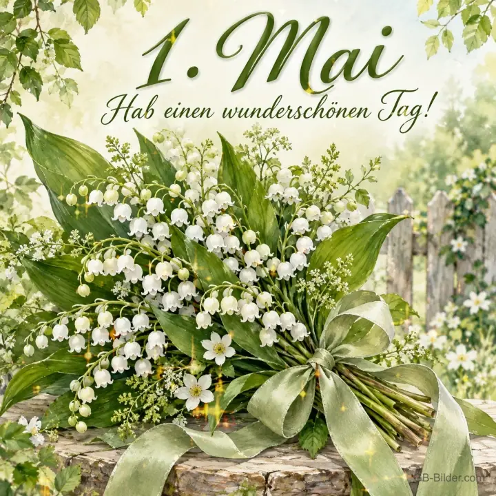 Strauß Maiglöckchen mit grüner Schleife, Text: 1. Mai – Hab einen wunderschönen Tag!