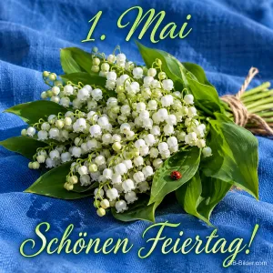 Maiglöckchenstrauß mit Marienkäfer auf blauem Tuch, Text: 1. Mai – Schönen Feiertag!