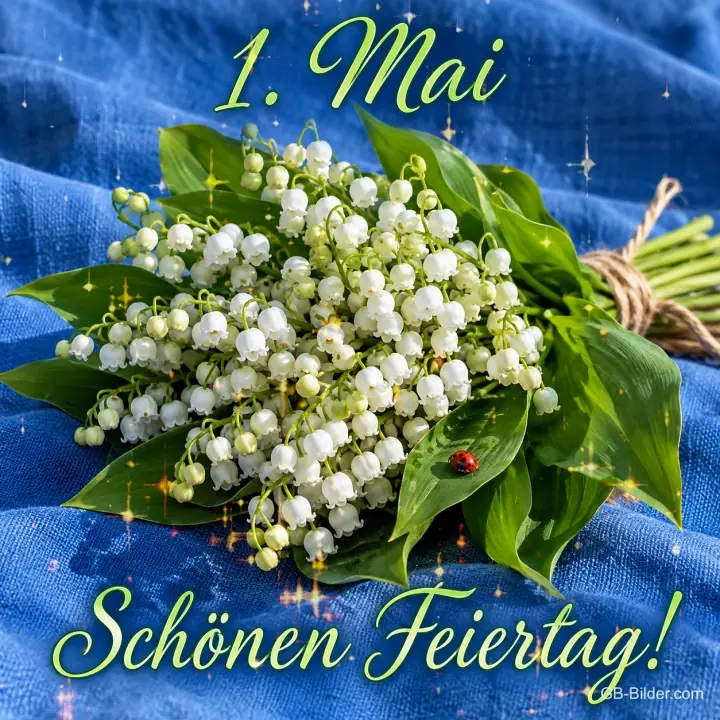 Maiglöckchenstrauß mit Marienkäfer auf blauem Tuch, Text: 1. Mai – Schönen Feiertag!