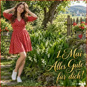 Junge Frau im roten Kleid zwischen Maiglöckchen im Garten, Text: 1. Mai – Alles Gute für dich!