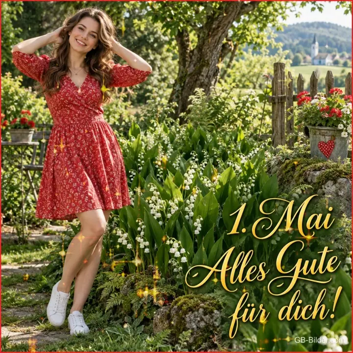 Junge Frau im roten Kleid zwischen Maiglöckchen im Garten, Text: 1. Mai – Alles Gute für dich!
