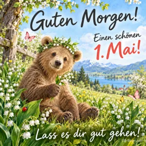 Bärenjunges mit Maiglöckchenkranz sitzt in einer Frühlingswiese, Text: Guten Morgen! – Einen schönen 1. Mai! Lass es dir gut gehen!