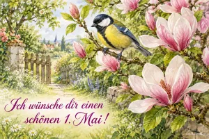 Kohlmeise auf einem Magnolienzweig im Frühlingsgarten, Text: Ich wünsche dir einen – schönen 1. Mai!