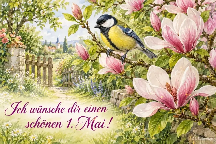 Kohlmeise auf einem Magnolienzweig im Frühlingsgarten, Text: Ich wünsche dir einen – schönen 1. Mai! Kohlmeise auf einem Magnolienzweig im Frühlingsgarten, Text: Ich wünsche dir einen – schönen 1. Mai!