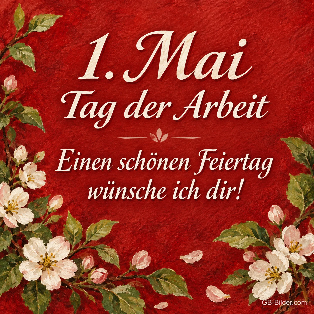 Apfelblüten auf rotem Grund, Text: 1. Mai – Tag der Arbeit – Einen schönen Feiertag wünsche ich dir! Apfelblüten auf rotem Grund, Text: 1. Mai – Tag der Arbeit – Einen schönen Feiertag wünsche ich dir!