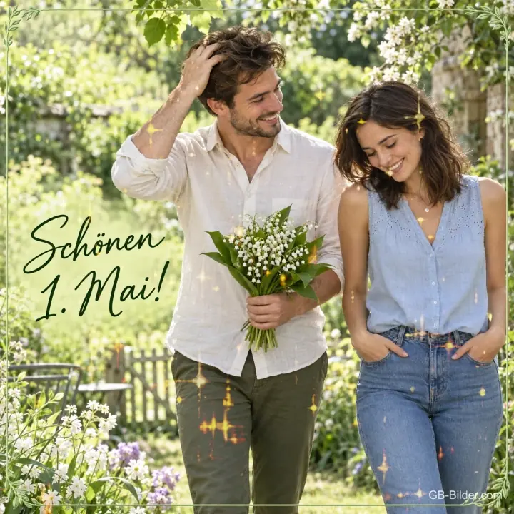 Lächelndes Paar spaziert mit einem Maiglöckchenstrauß durch einen Garten, Text: Schönen 1. Mai! Lächelndes Paar spaziert mit einem Maiglöckchenstrauß durch einen Garten, Text: Schönen 1. Mai!