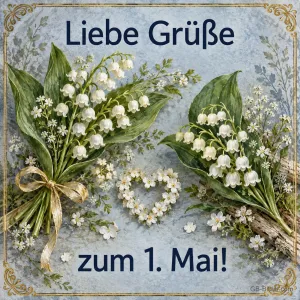 Zwei Maiglöckchensträuße und ein Herz aus Blüten, Text: Liebe Grüße – zum 1. Mai!