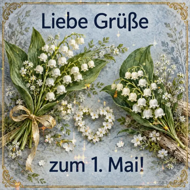 Zwei Maiglöckchensträuße und ein Herz aus Blüten, Text: Liebe Grüße – zum 1. Mai! Zwei Maiglöckchensträuße und ein Herz aus Blüten, Text: Liebe Grüße – zum 1. Mai!
