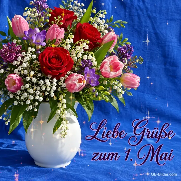 Strauß aus Rosen, Tulpen und Maiglöckchen in einer weißen Vase, Text: Liebe Grüße zum 1. Mai Strauß aus Rosen, Tulpen und Maiglöckchen in einer weißen Vase, Text: Liebe Grüße zum 1. Mai
