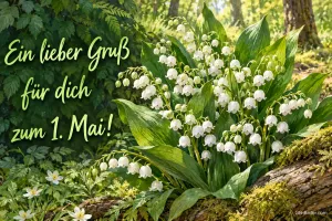 Maiglöckchen im Wald, Text: Ein lieber Gruß für dich – zum 1. Mai!