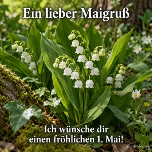 Maiglöckchen im Wald, Text: Ein lieber Maigruß – Ich wünsche dir einen fröhlichen 1. Mai!