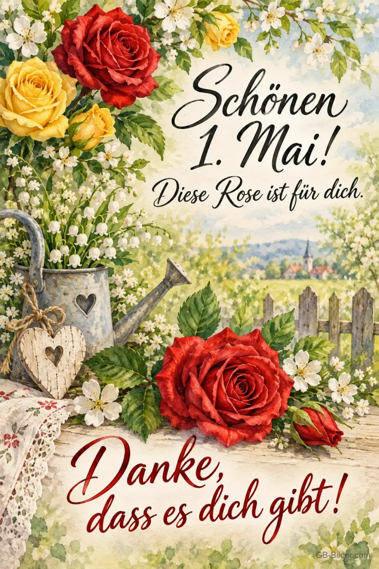 Rosen, Maiglöckchen und Gießkanne vor einem Gartenzaun, Text: Schönen 1. Mai! – Diese Rose ist für dich. Danke, dass es dich gibt!