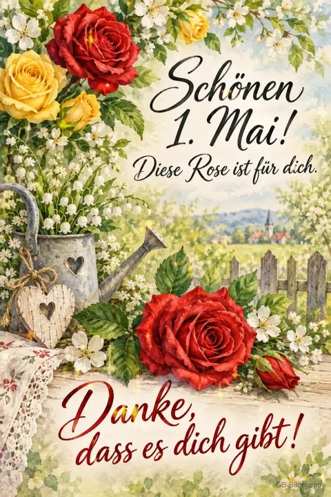 Rosen, Maiglöckchen und Gießkanne vor einem Gartenzaun, Text: Schönen 1. Mai! – Diese Rose ist für dich. Danke, dass es dich gibt! Rosen, Maiglöckchen und Gießkanne vor einem Gartenzaun, Text: Schönen 1. Mai! – Diese Rose ist für dich. Danke, dass es dich gibt!