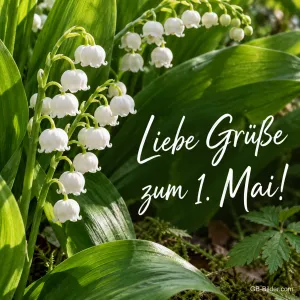 Maiglöckchen in Nahaufnahme, Text: Liebe Grüße – zum 1. Mai!