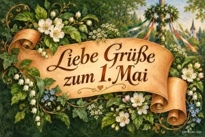 Schriftband zwischen weißen Blüten vor einem Maibaum, Text: Liebe Grüße – zum 1. Mai