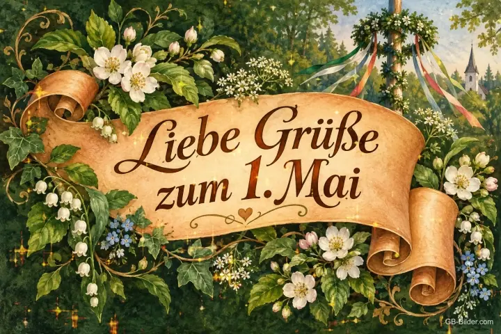 Schriftband zwischen weißen Blüten vor einem Maibaum, Text: Liebe Grüße – zum 1. Mai Schriftband zwischen weißen Blüten vor einem Maibaum, Text: Liebe Grüße – zum 1. Mai