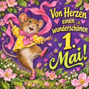 Maus im gelben Kleid tanzt mit rosa Band zwischen Frühlingsblumen, Text: Von Herzen einen wunderschönen 1. Mai!