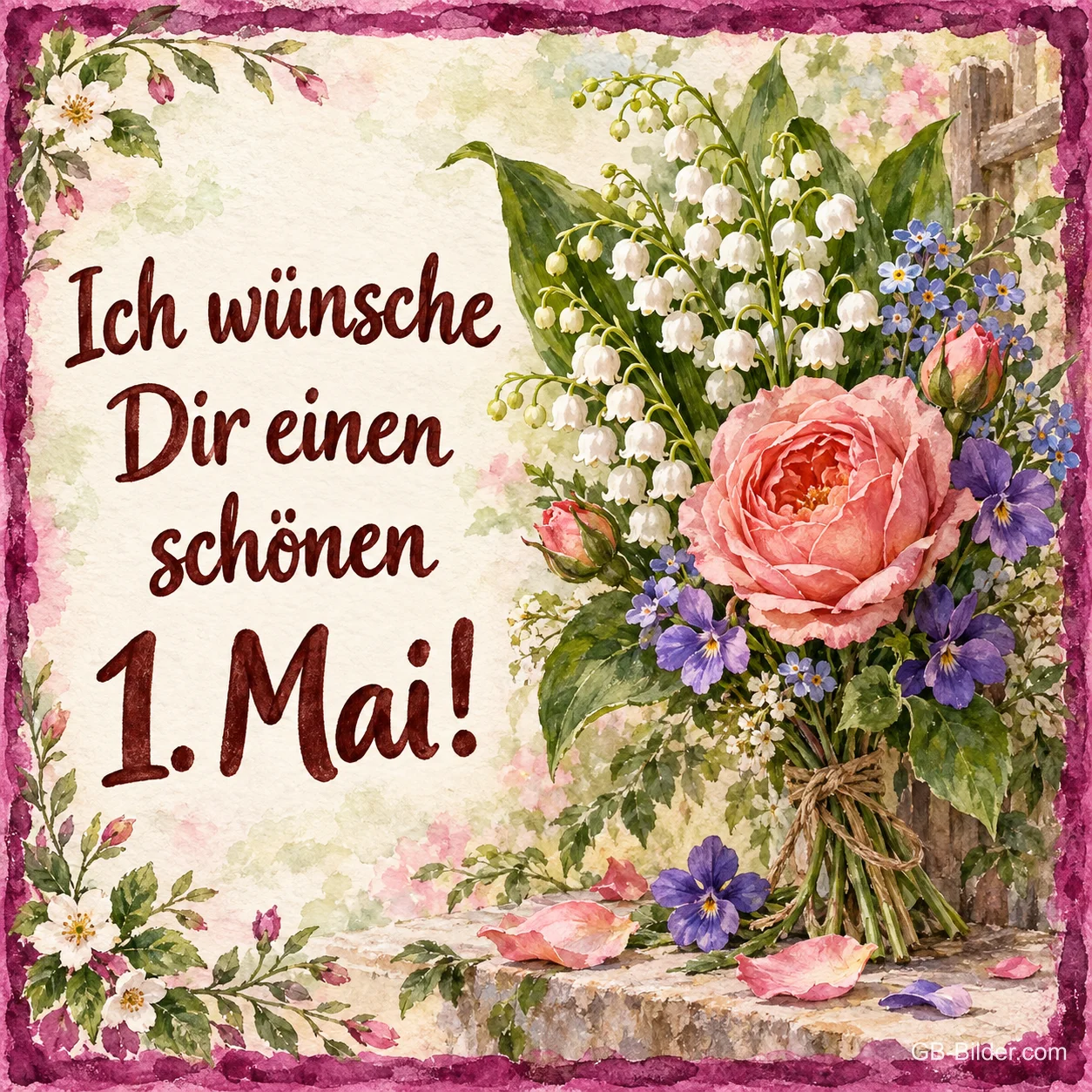 Strauß aus Maiglöckchen, Rose und Veilchen, Text: Ich wünsche dir einen – schönen 1. Mai! Strauß aus Maiglöckchen, Rose und Veilchen, Text: Ich wünsche dir einen – schönen 1. Mai!