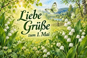 Maiglöckchenwiese mit Schmetterlingen vor einem See, Text: Liebe Grüße – zum 1. Mai