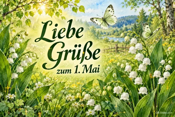 Maiglöckchenwiese mit Schmetterlingen vor einem See, Text: Liebe Grüße – zum 1. Mai Maiglöckchenwiese mit Schmetterlingen vor einem See, Text: Liebe Grüße – zum 1. Mai