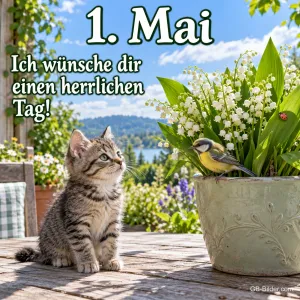 Getigertes Kätzchen schaut zu einer Meise auf einem Maiglöckchentopf, Text: 1. Mai – Ich wünsche dir einen herrlichen Tag!
