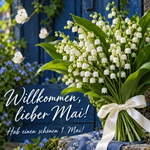 Maiglöckchenstrauß mit weißer Schleife und Schmetterlingen, Text: Willkommen, lieber Mai! – Hab einen schönen 1. Mai!