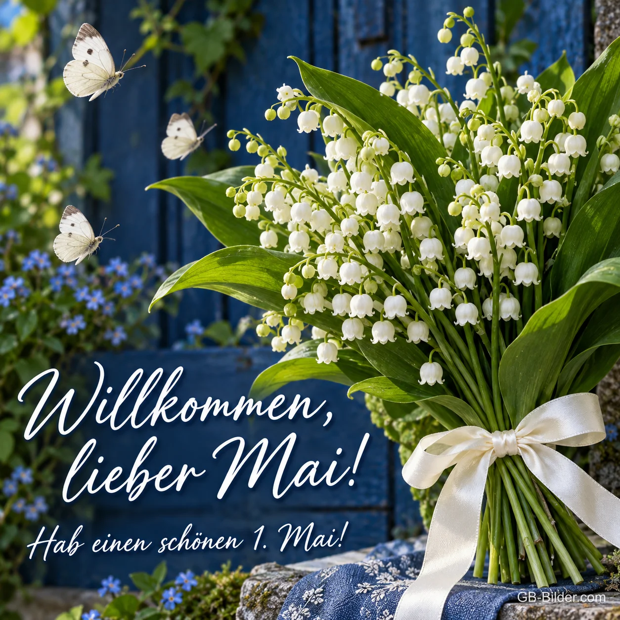 Maiglöckchenstrauß mit weißer Schleife und Schmetterlingen, Text: Willkommen, lieber Mai! – Hab einen schönen 1. Mai! Maiglöckchenstrauß mit weißer Schleife und Schmetterlingen, Text: Willkommen, lieber Mai! – Hab einen schönen 1. Mai!